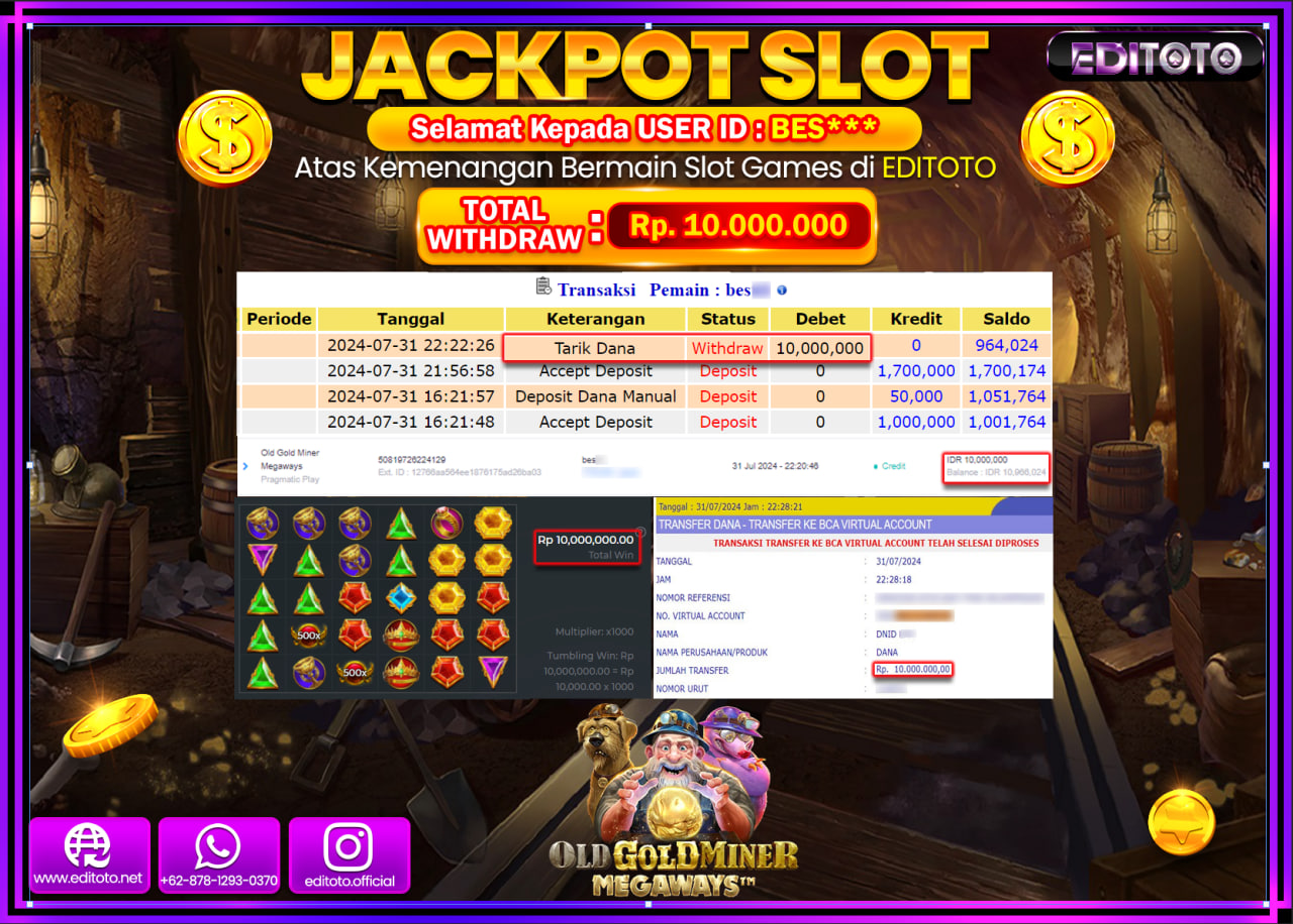 JACKPOT SLOT EDITOTO Old Gold Miner Megaways Rp.10.000.000.,- LUNAS