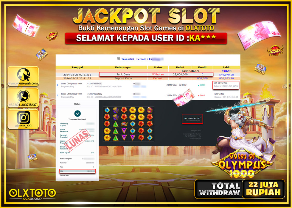 OLXTOTO JACKPOT SLOT GATE OF OLYMPUS 1000  Rp.22.000.000.,- LUNAS