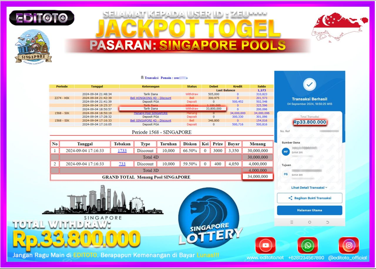 JACKPOT TOGEL PASARAN SINGAPORE Rp.33.800.000.,- LUNAS