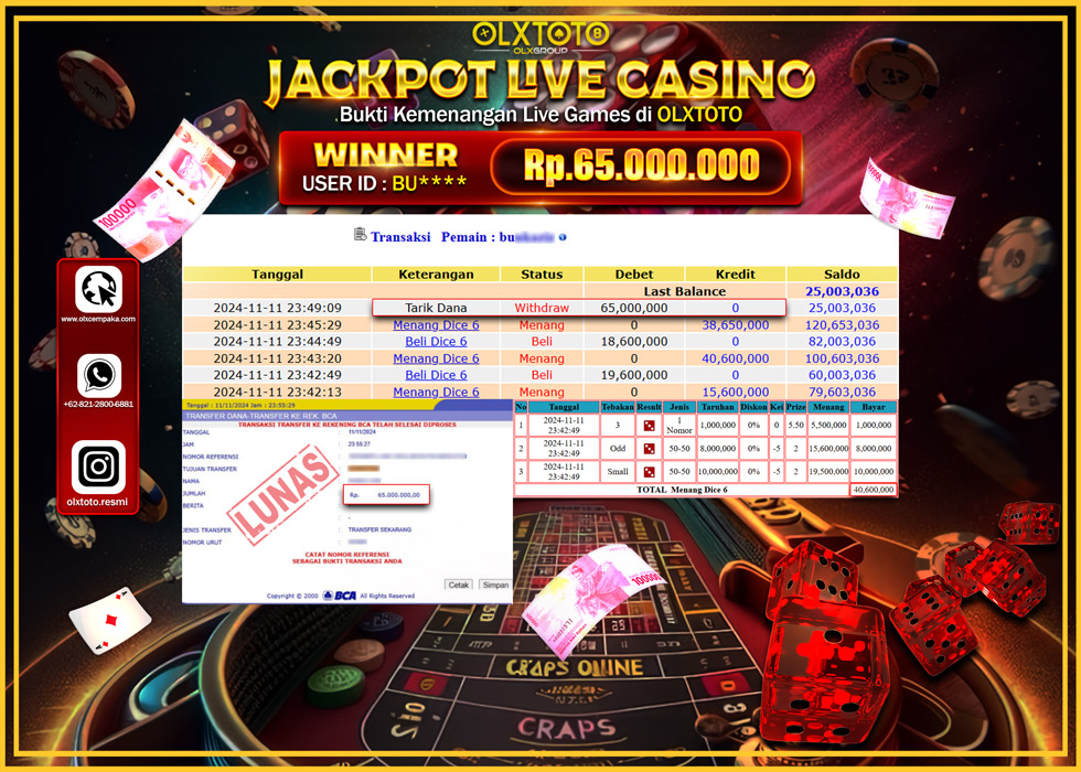 OLXTOTO JACKPOT  LIVE GAMES DICE 6 Rp.65.000.000.,- LUNAS