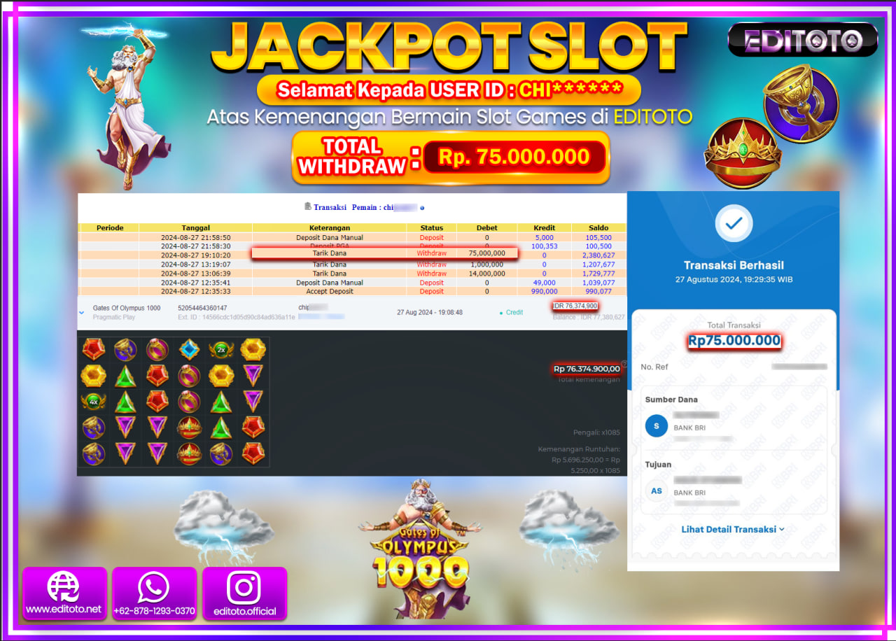 JACKPOT SLOT GATES OF OLYMPUS 1000  Rp.75.000.000.,- LUNAS