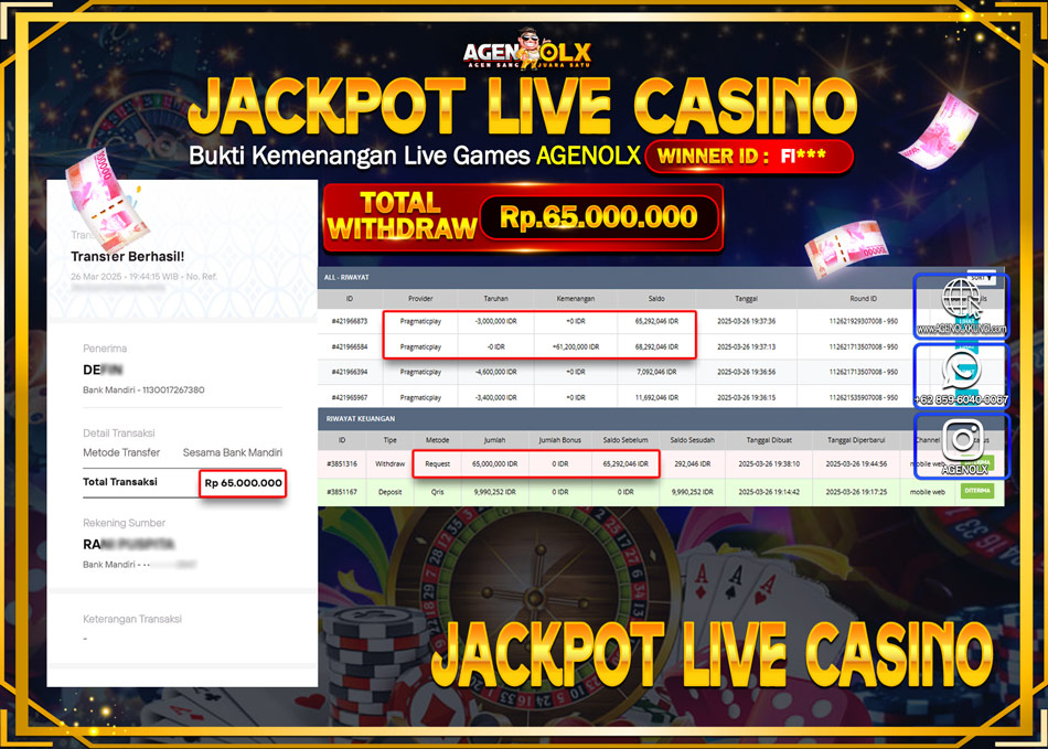 AGENOLX JACKPOT LIVE CASINO Rp 65.000.000,- LUNAS