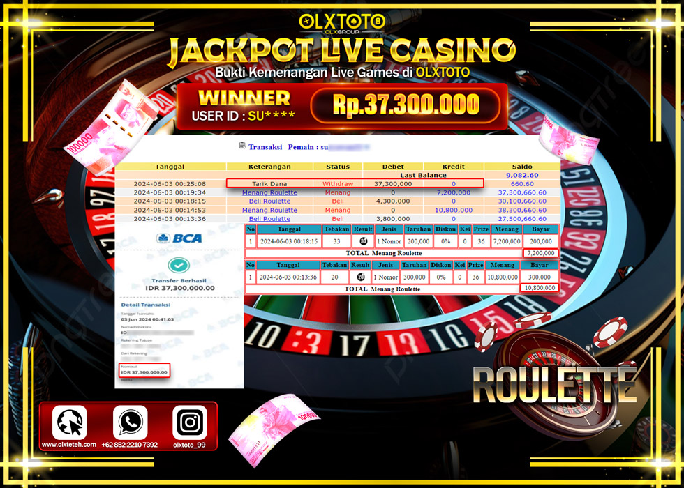 OLXTOTO JACKPOT LIVE GAMES ROULETTE  Rp.37.300.000.,- LUNAS