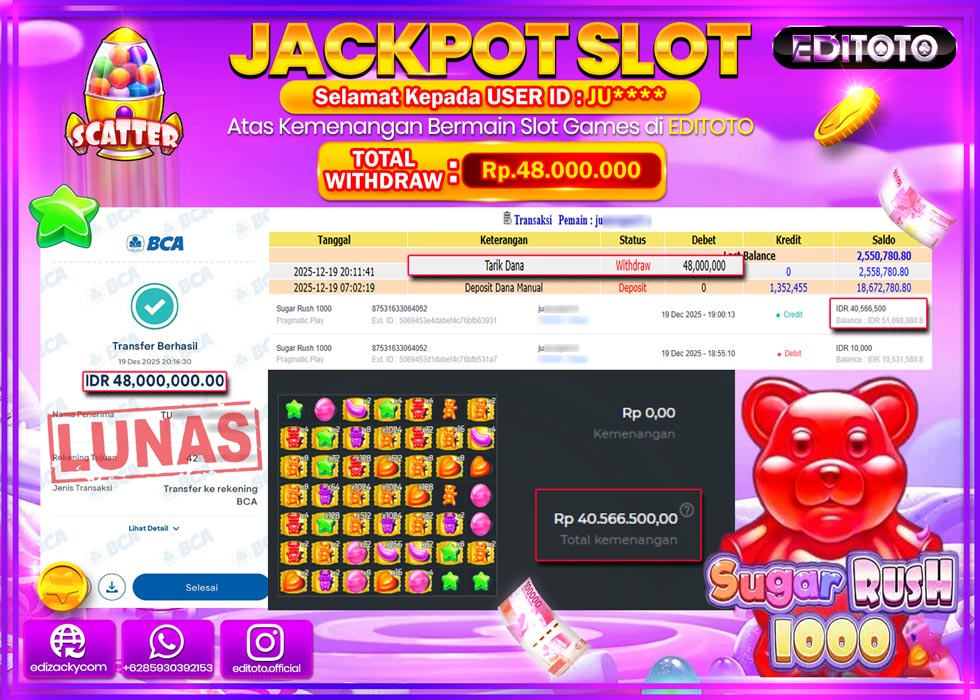 JACKPOT EDITOTO SLOT SUGAR RUSH 1000  Rp.48.000.000,- LUNAS  