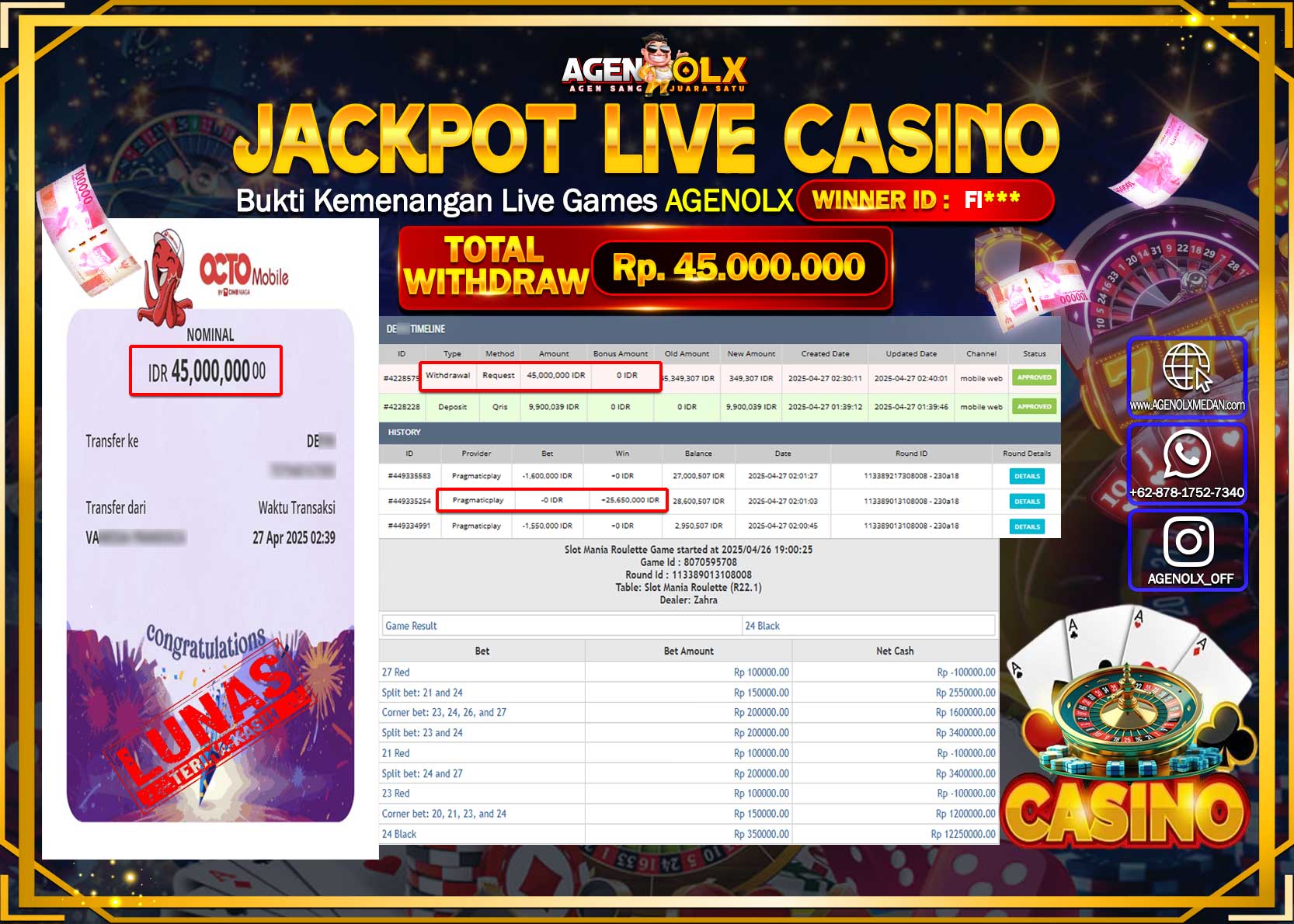 AGENOLX JACKPOT CASINO SLOT MANIA ROULETTE Rp 45.000.000,- LUNAS