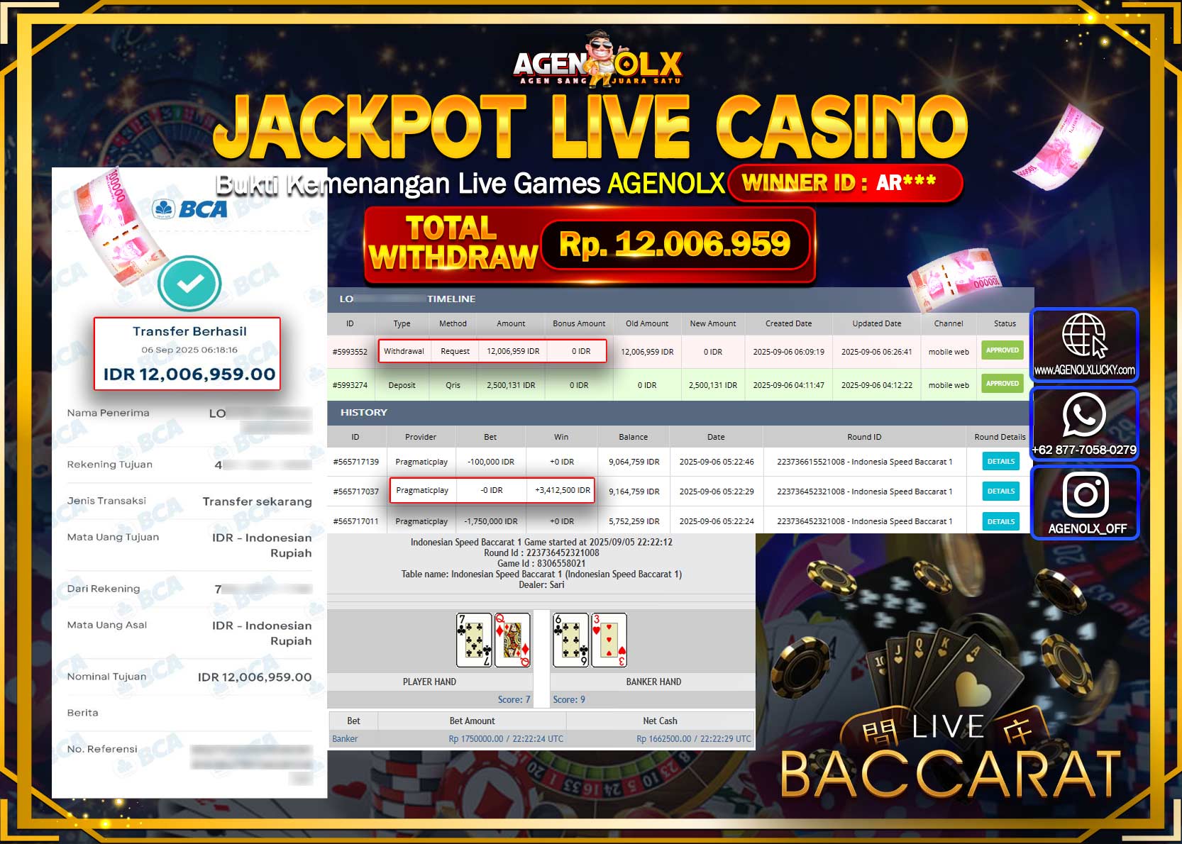 AGENOLX JACKPOT LIVE CASINO SPEED BACCARAT 1 Rp 12,006,959,- LUNAS