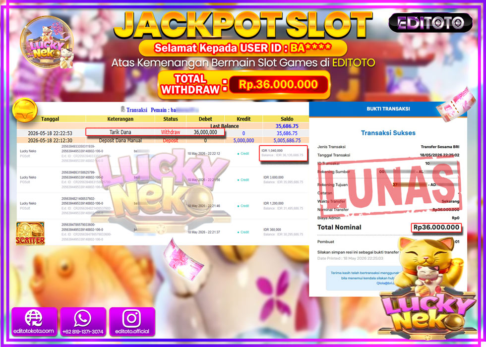 JACKPOT EDITOTO SLOT LUCKY NEKO  Rp.36.000.000,- LUNAS