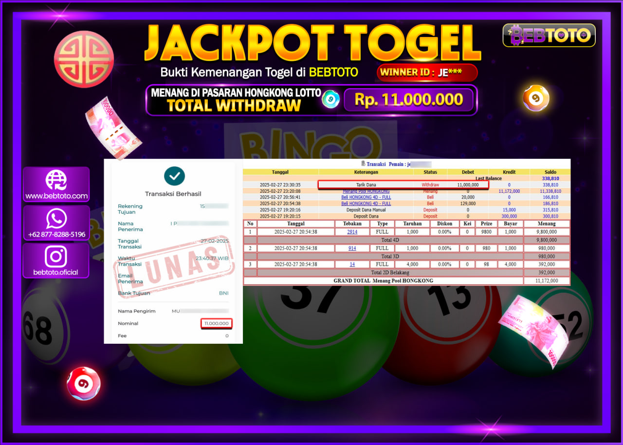 JACKPOT TOGEL BEBTOTO HONGKONG LOTTO  Rp.11.000.000.,- LUNAS