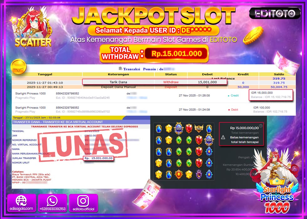 JACKPOT EDITOTO SLOT STARLIGHT PRINCESS 1000  Rp.15.001.000,- LUNAS  