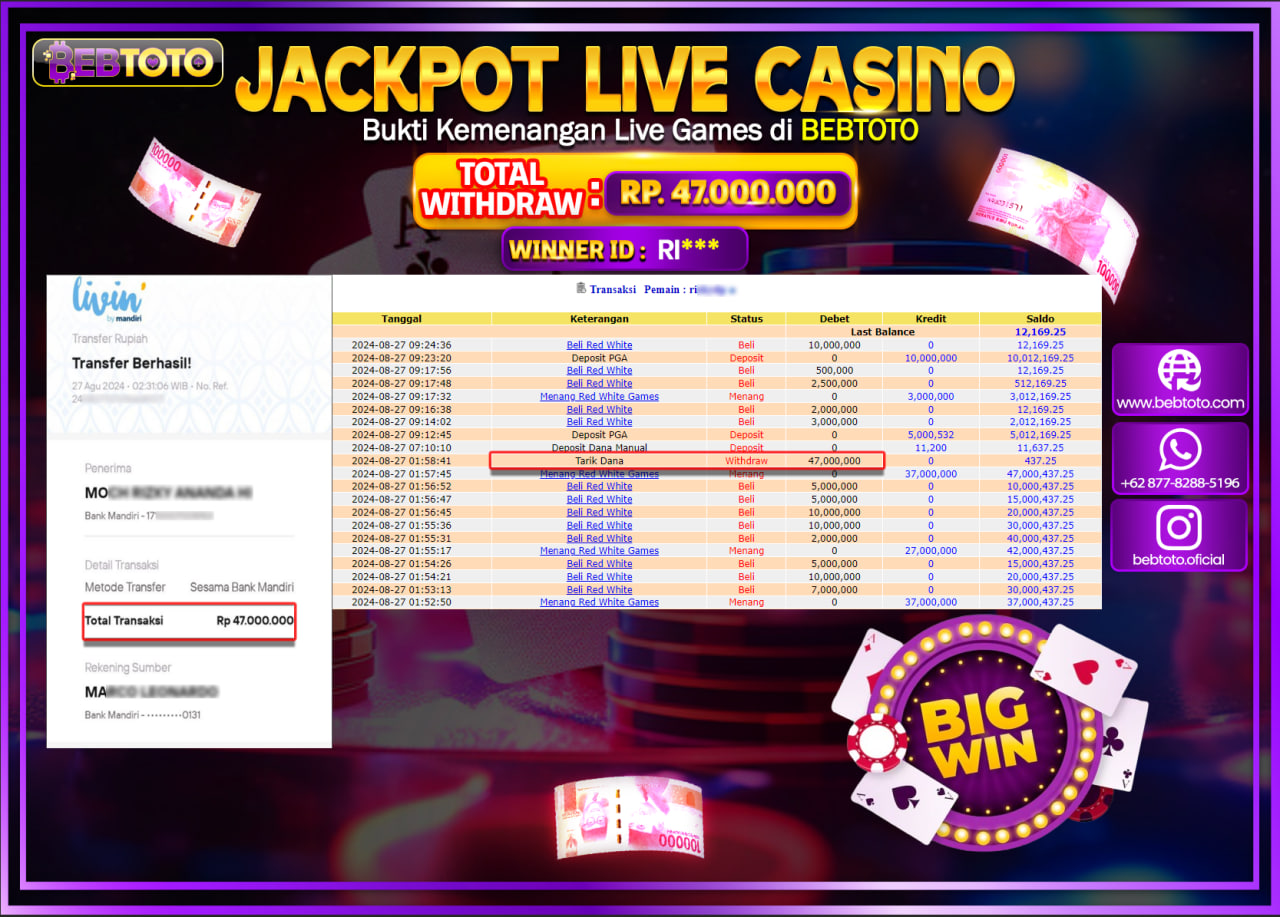 JACKPOT LIVE CASINO BEBTOTO RED WHITE Rp.50.000.000.,- LUNAS