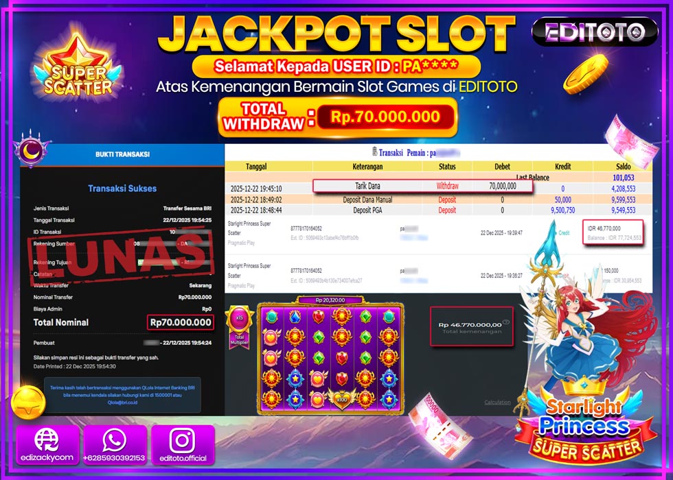 JACKPOT EDITOTO SLOT STARLIGHT PRINCESS SUPER SCATTER  Rp.70.000.000,- LUNAS  