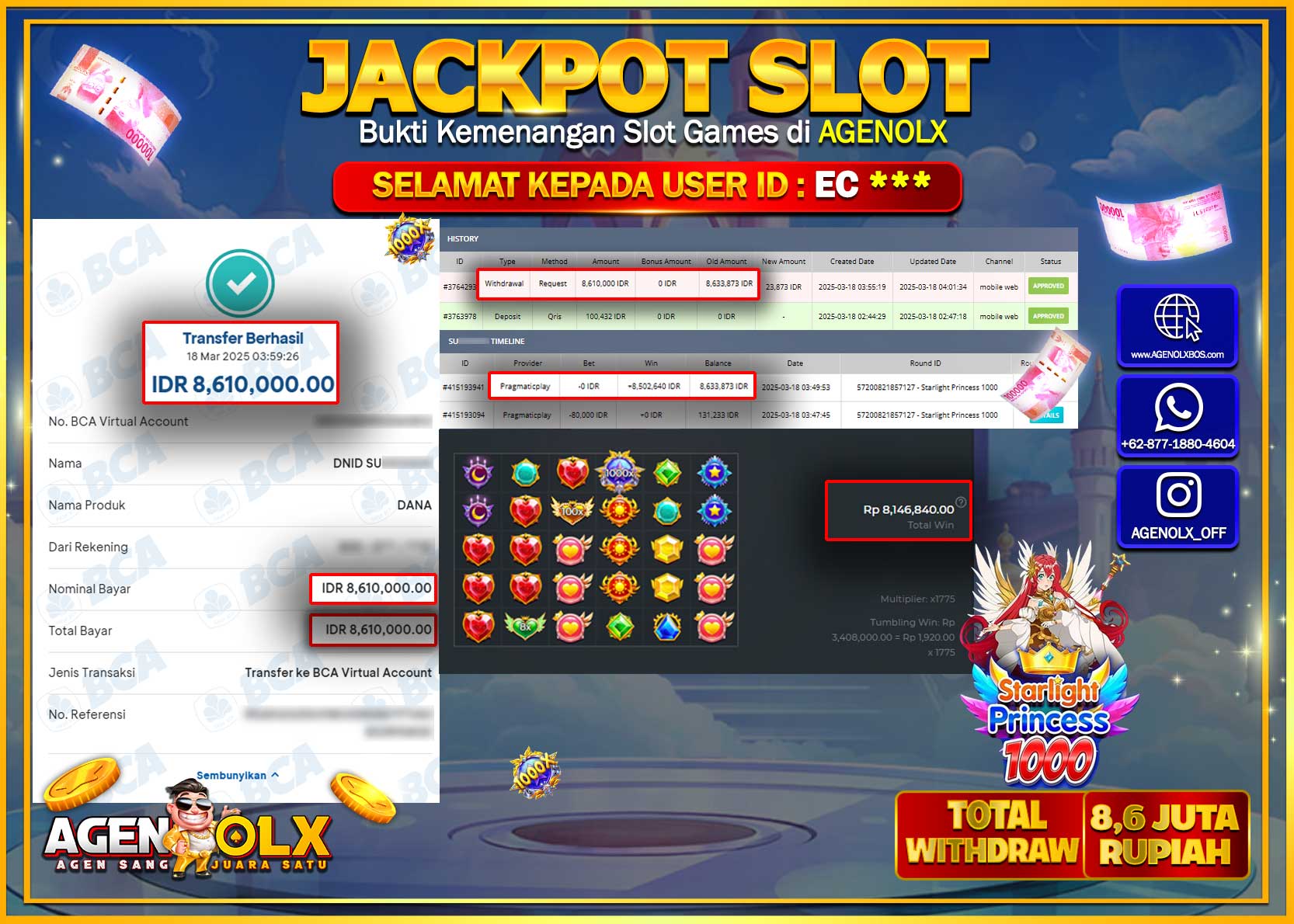 AGENOLX JACKPOT SLOT PRAGMATIC STARLIGHT PRINCESS 1000 Rp 8.610.000,- LUNAS