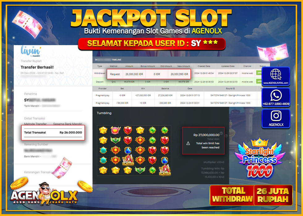 AGENOLX JACKPOT SLOT STARLIGHT PRINCESS 1000 Rp 26.000.000,- LUNAS