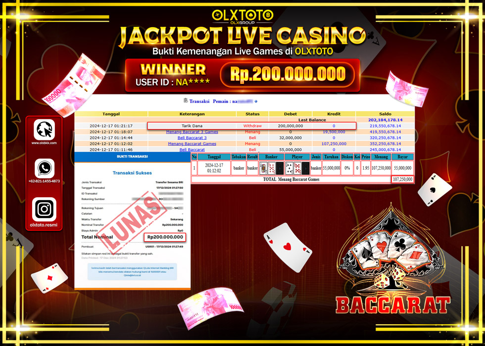 OLXTOTO JACKPOT  LIVE GAMES BACCARAT  Rp.200.000.000.,- LUNAS