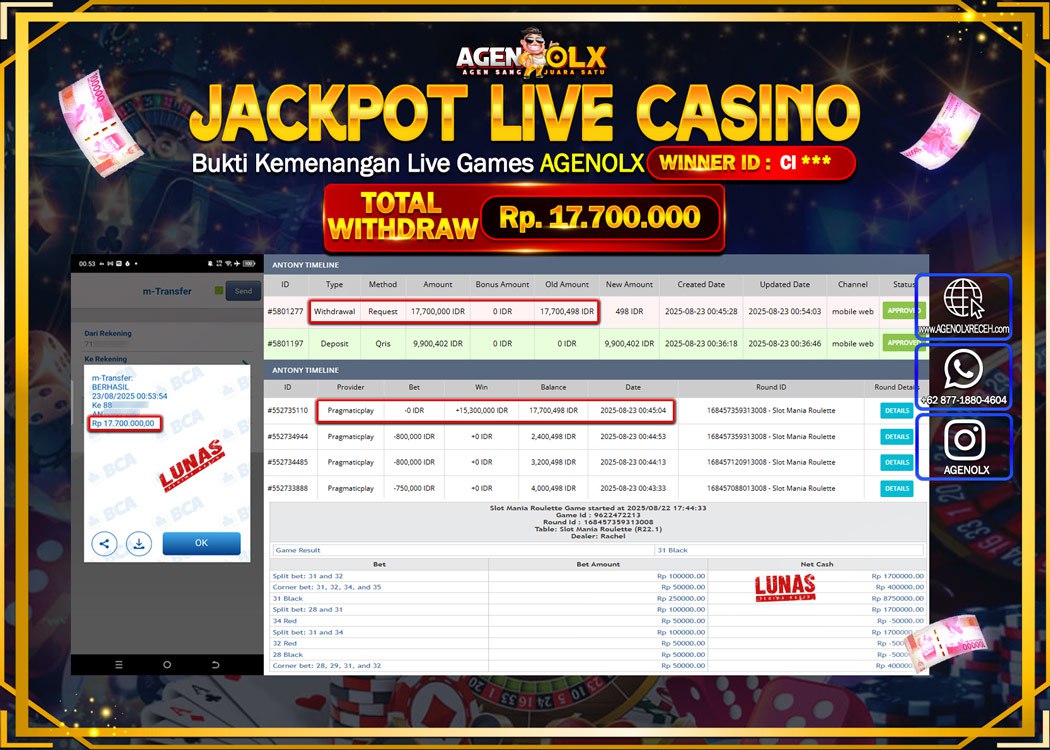 AGENOLX JACKPOT LIVE CASINO  Rp 17,700,000,- LUNAS