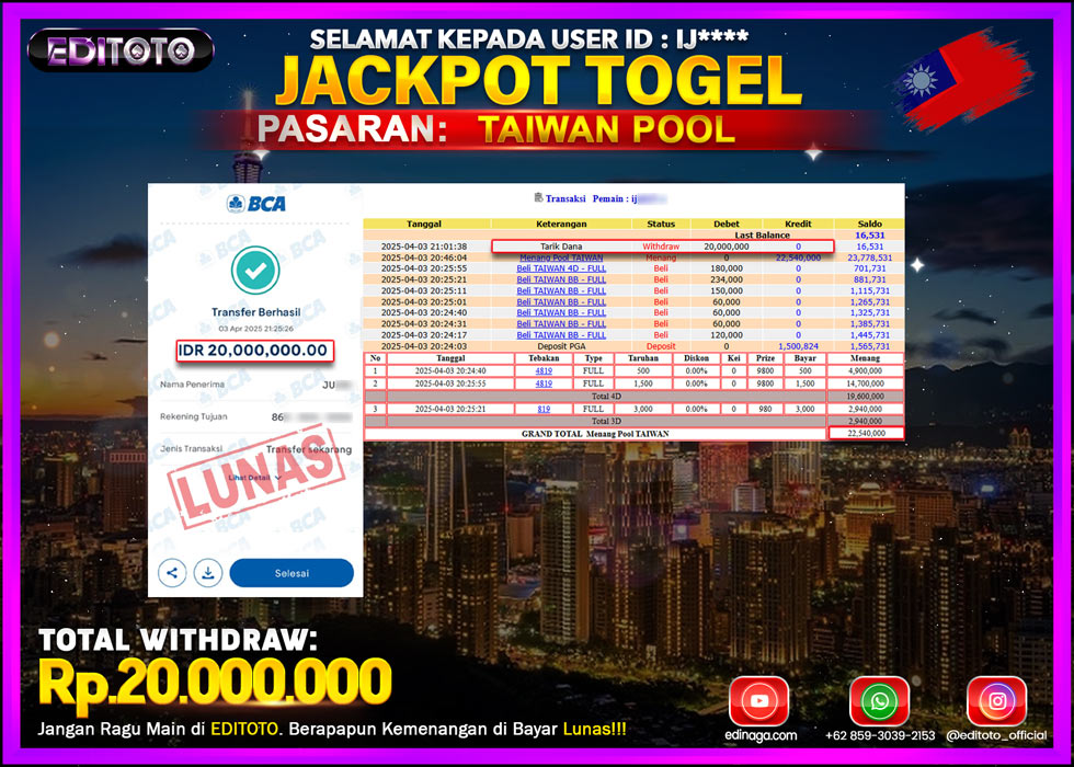 JACKPOT EDITOTO TOGEL PASARAN TAIWAN POOL Rp.20.000.000.,- LUNAS