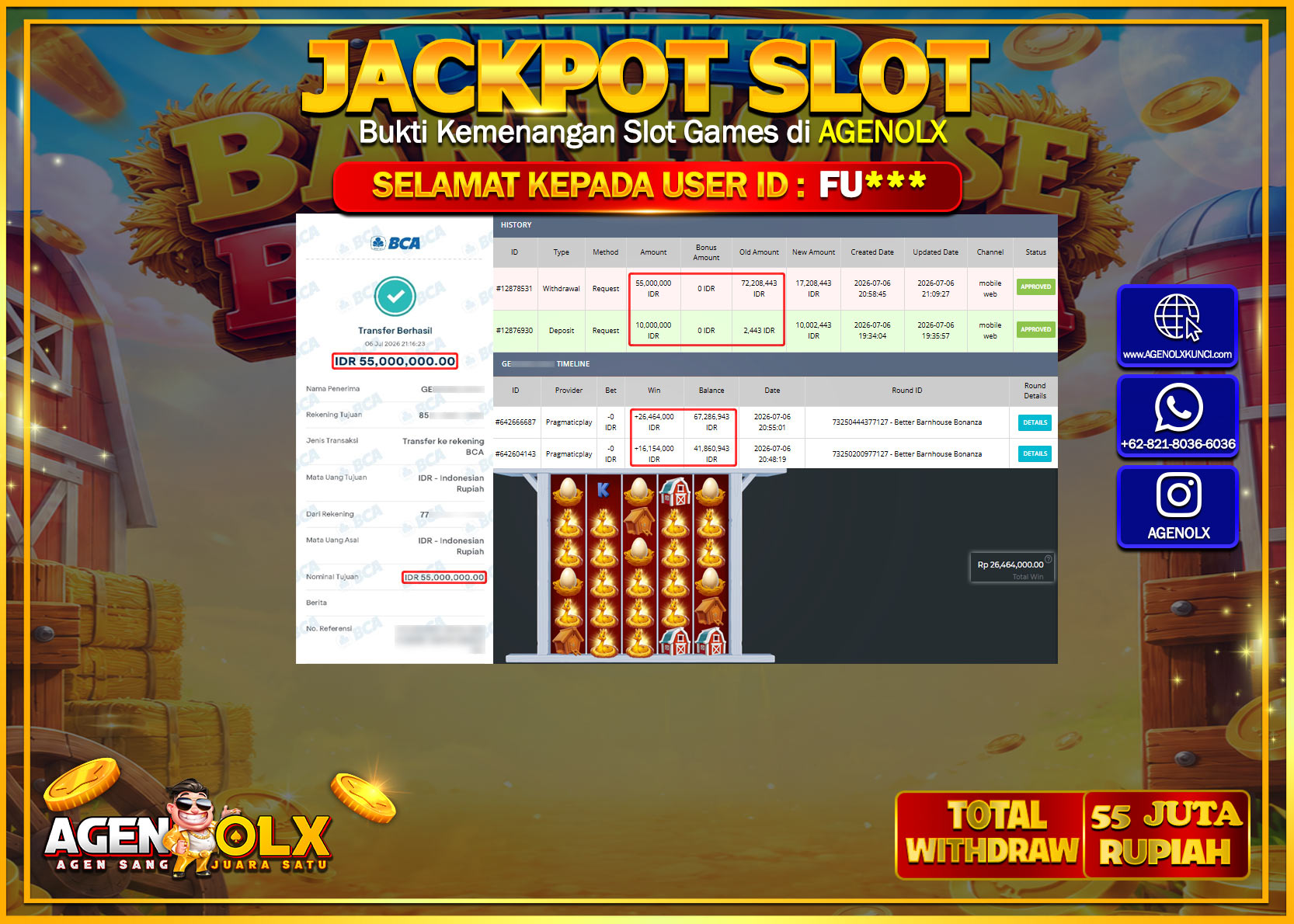 AGENOLX JACKPOT SLOT BETTER BARNHOUSE BONANZA  Rp 55.000.000- LUNAS