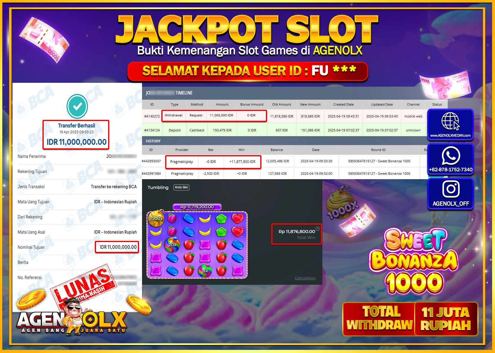 AGENOLX JACKPOT  SLOT SWEET BONANZA 1000  Rp 11.000.000,- LUNAS