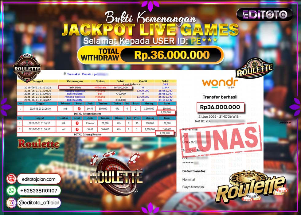 JACKPOT EDITOTO LIVE GAMES ROULLET Rp.36.000.000.,- LUNAS