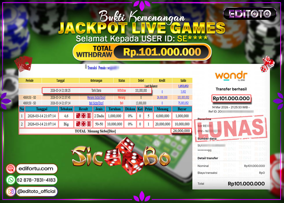 JACKPOT EDITOTO LIVE GAMES SICBO DICE Rp. 101.000.000.,- LUNAS