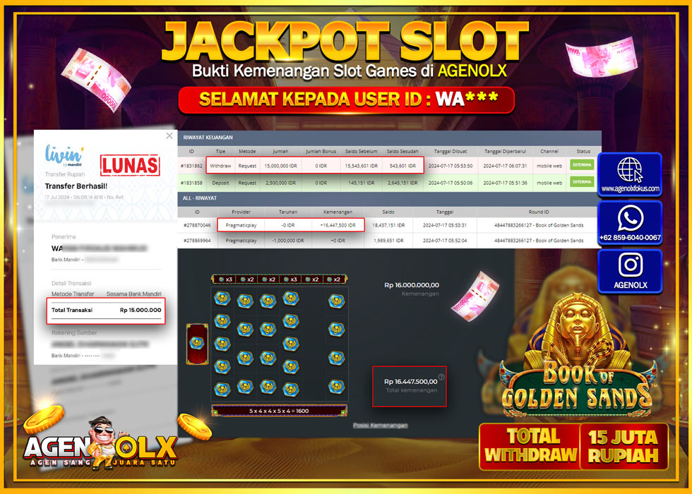 AGENOLX JACKPOT SLOT BOOK OF GOLDEN SANDS Rp.15.000.000,- LUNAS
