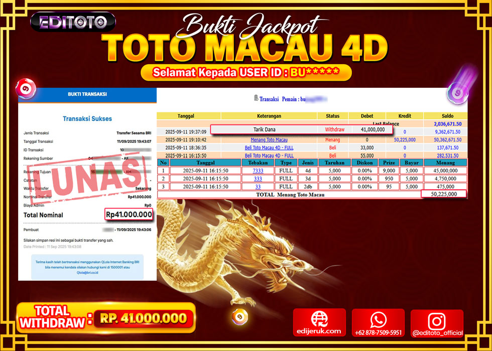JACKPOT EDITOTO TOGEL PASARAN TOTO MACAU 4D Rp.41.000.000.,- LUNAS
