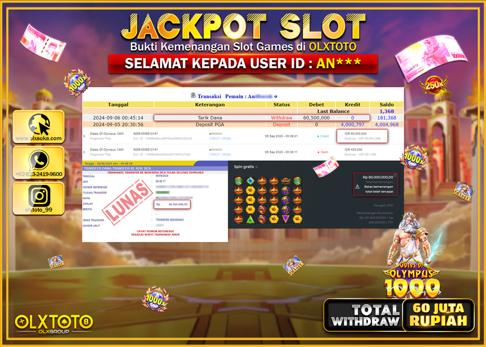 OLXTOTO JACKPOT  SLOT GATES OF OLYMPUS 1000 Rp.60.500.000.,- LUNAS