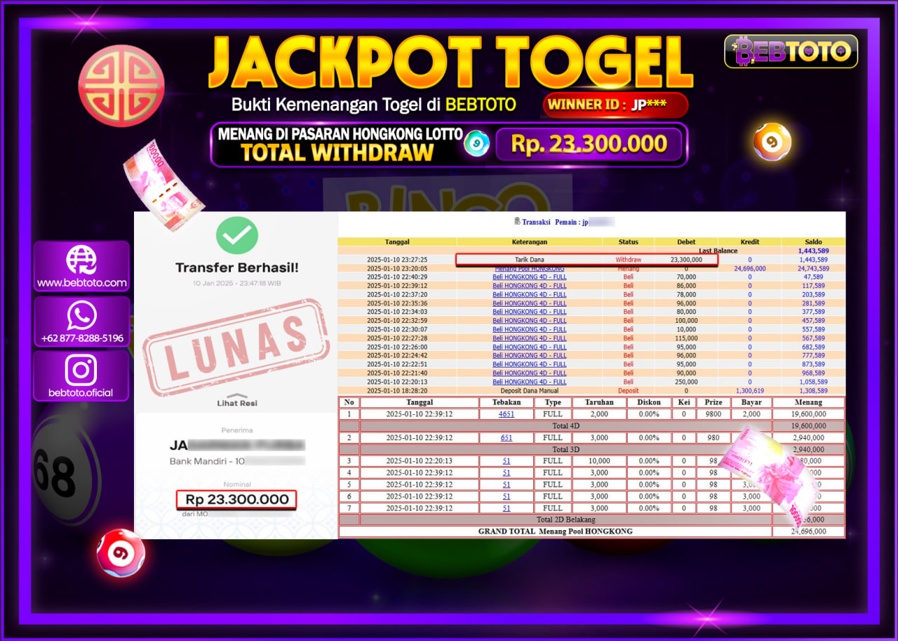 JACKPOT TOGEL BEBTOTO HONGKONG LOTTO Rp.23.300.000.,- LUNAS