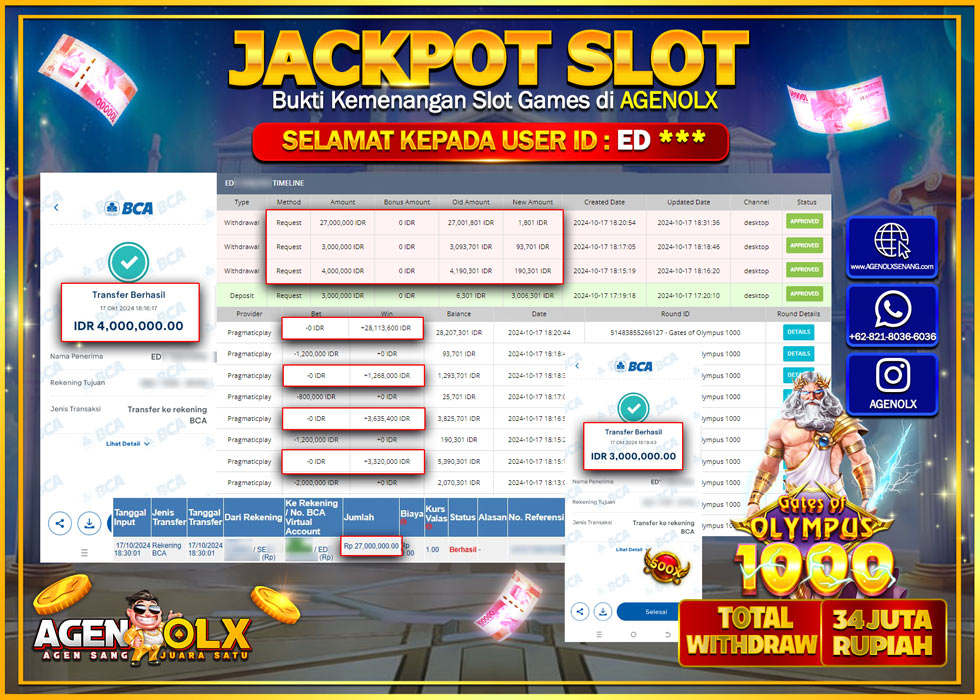 AGENOLX JACKPOT SLOT GATES OF OLYMPUS 1000 Rp34.000.000,- LUNAS