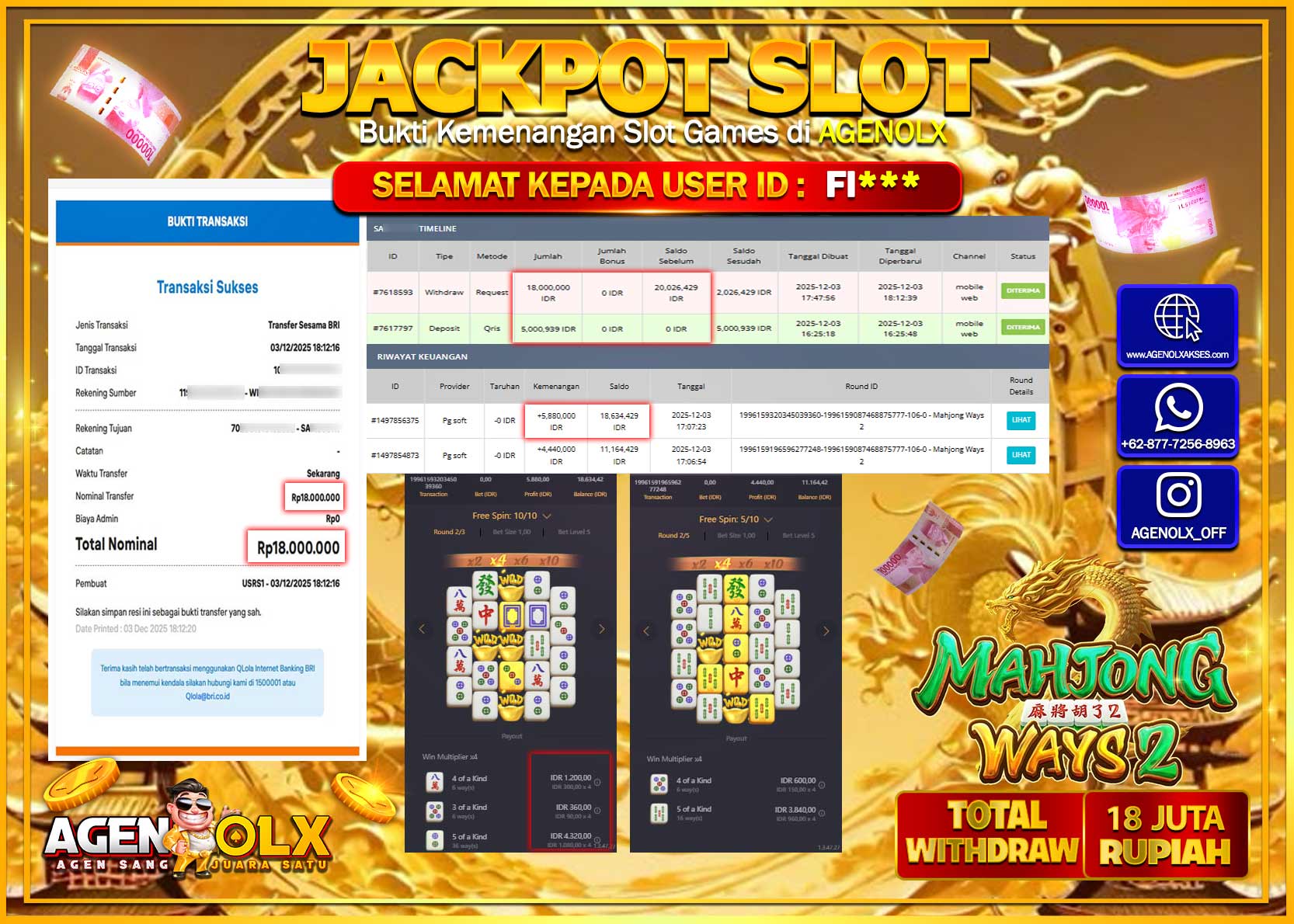 AGENOLX JACKPOT SLOT MAHJONG WAYS 2 Rp 18,000,000,- LUNAS