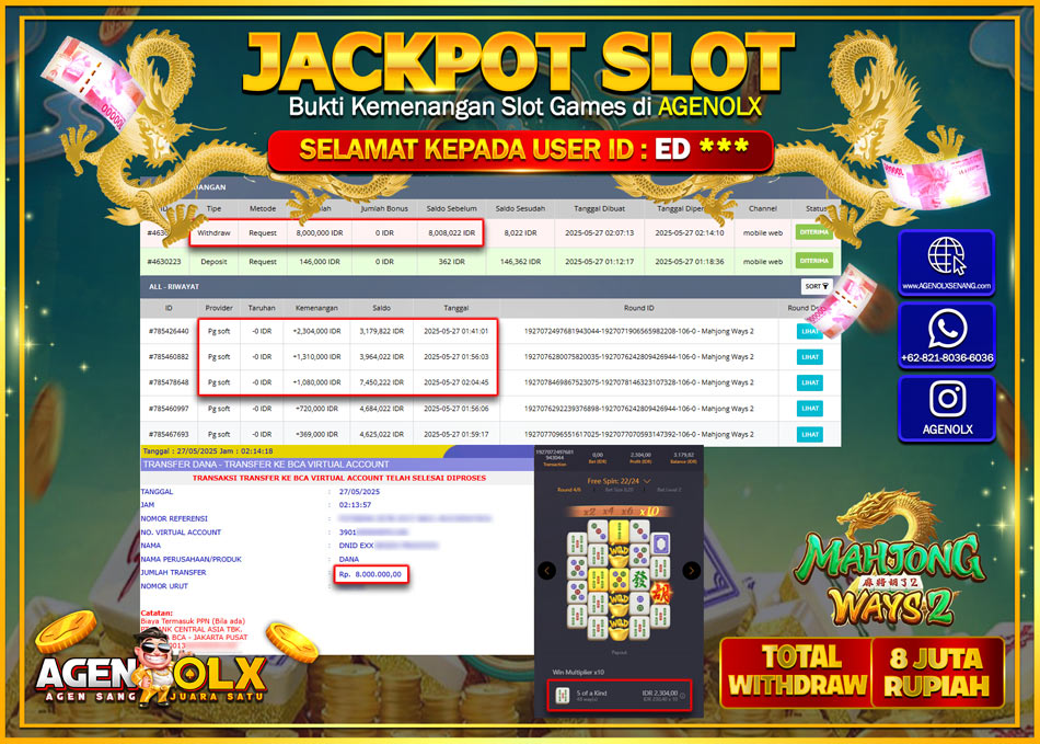 AGENOLX JACKPOT SLOT MAHJONG WAYS 2  Rp 8.000.000,- LUNAS