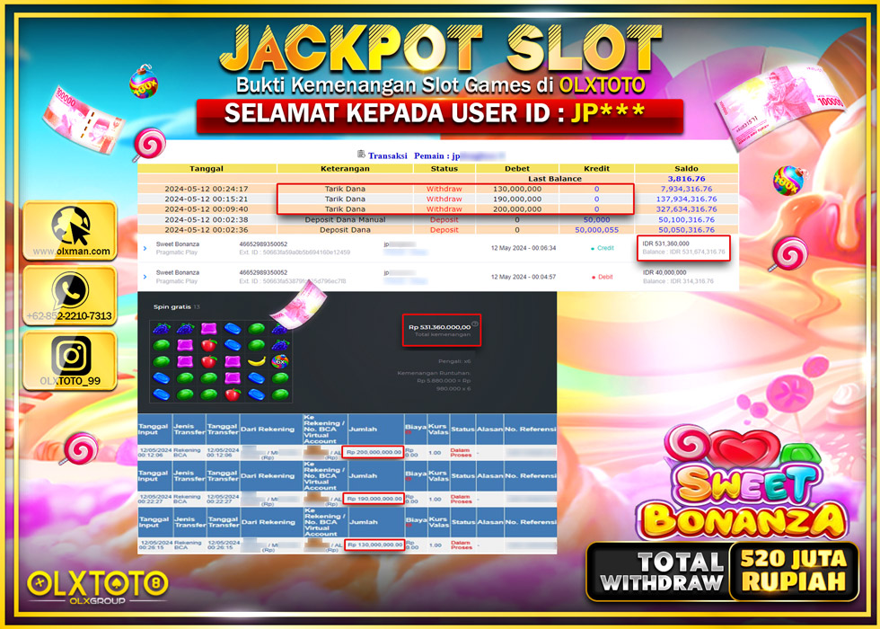 OLXTOTO JACKPOT SLOT SWEET BONANZA Rp.520.000.000.,- LUNAS