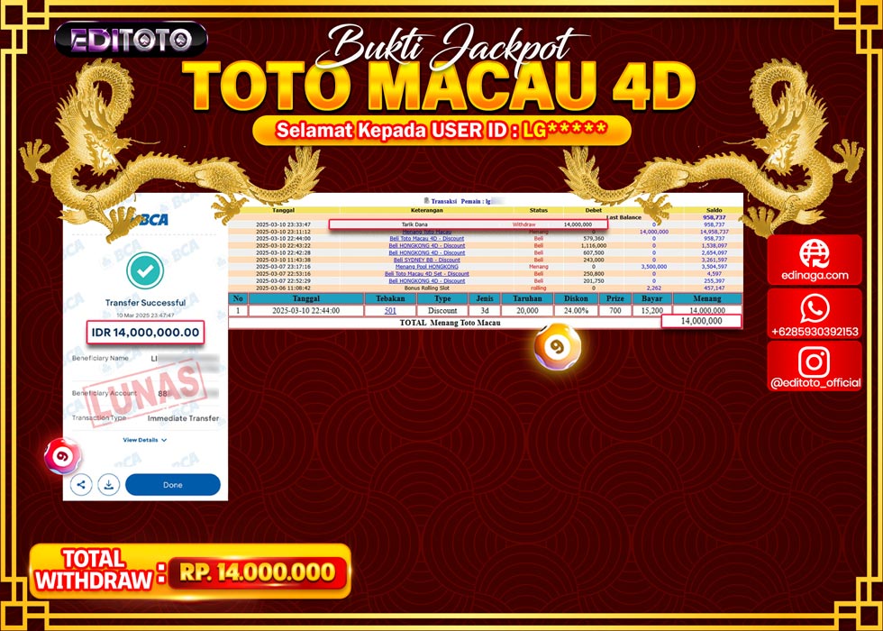 JACKPOT TOGEL PASARAN TOTOMACAU 4D Rp.14.000.000.,- LUNAS