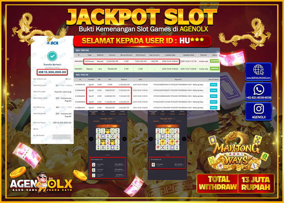AGENOLX JACKPOT MAHJONG WAYS Rp 13,300,000,- LUNAS
