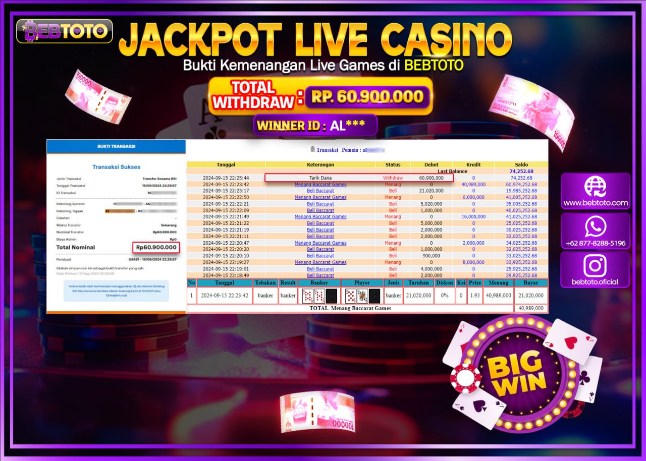 JACKPOT LIVE CASINO BEBTOTO BACCARAT Rp.60.900.000.,- LUNAS