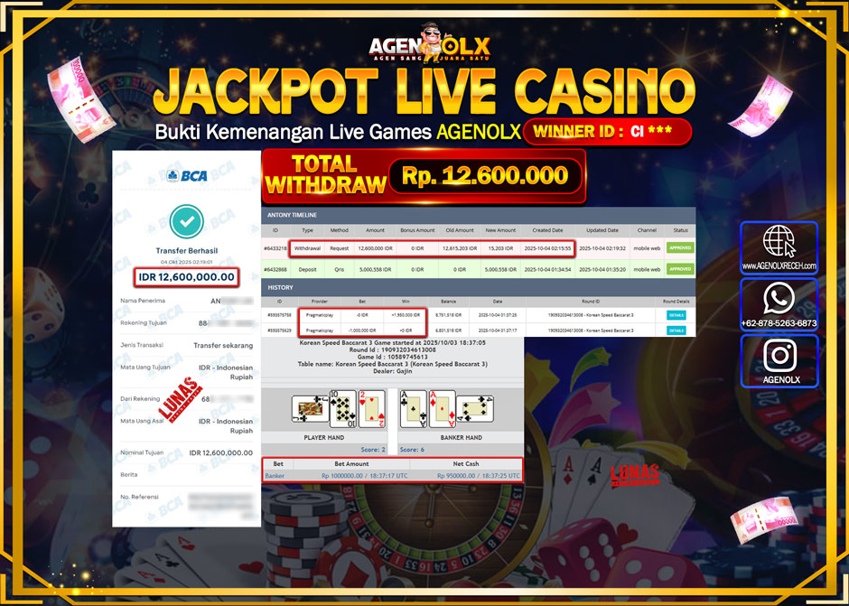 AGENOLX JACKPOT LIVE CASINO Rp 12,600,000,- LUNAS