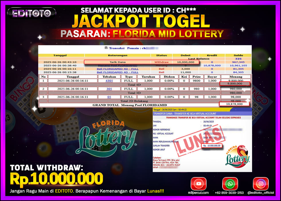 JACKPOT EDITOTO TOGEL PASARAN FLORIDA MID LOTTERY Rp.10.000.000.,- LUNAS