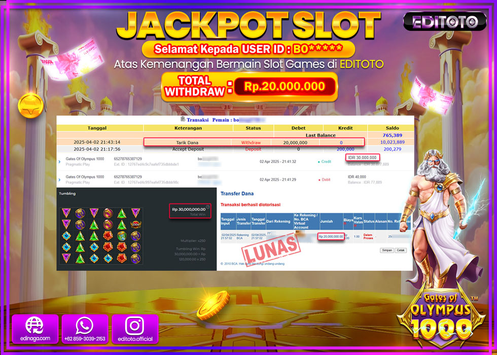 JACKPOT SLOT GATES OF OLYMPUS 1000 Rp.20.000.000.,- LUNAS