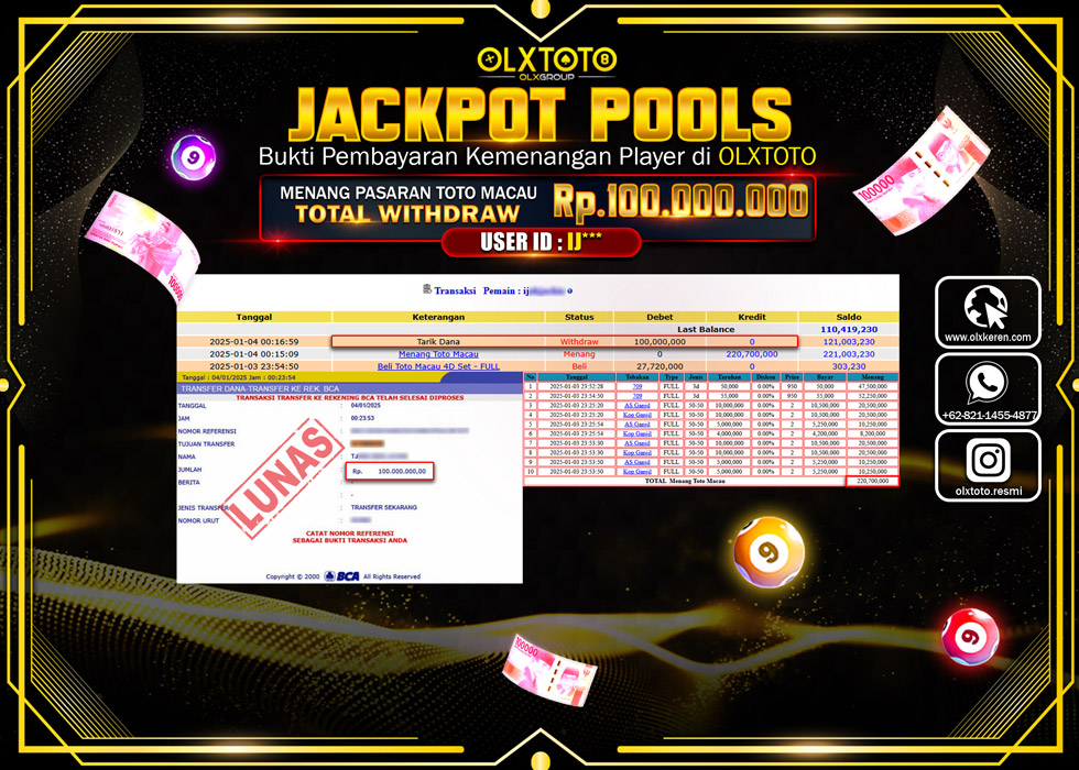 OLXTOTO JACKPOT  TOGEL POOL TOTO MACAU Rp.100.000.000.,- LUNAS
