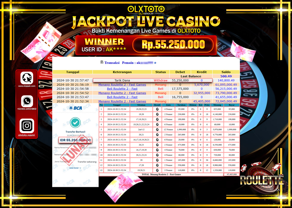 OLXTOTO JACKPOT  LIVE GAMES ROULETTE 2 Rp.55.250.000.,- LUNAS