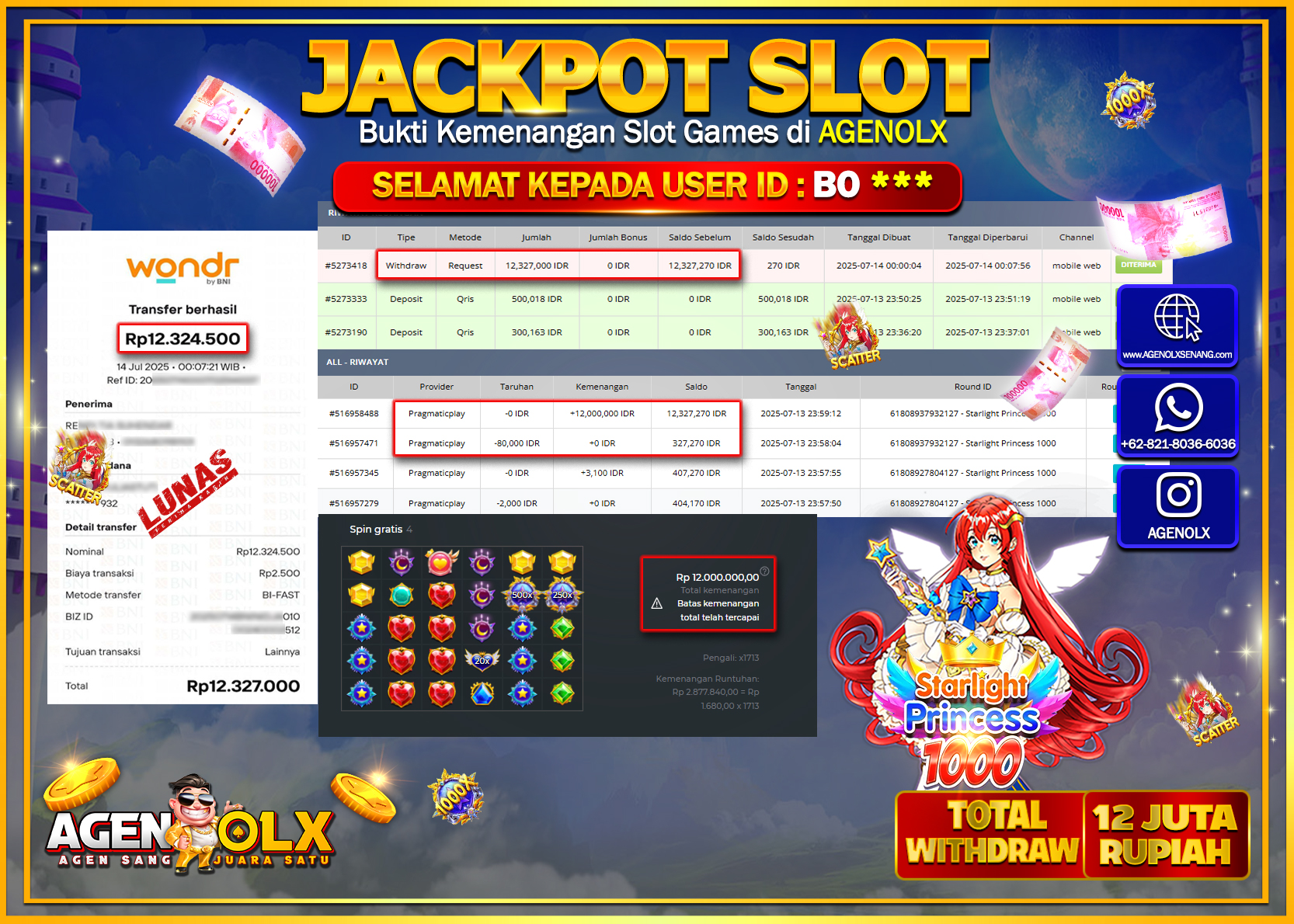 AGENOLX JACKPOT  SLOT STARLIGHT PRINCESS 1000  Rp 12.324.500,- LUNAS