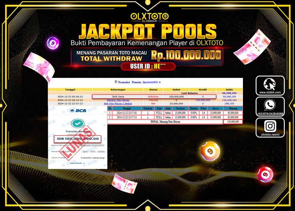 OLXTOTO JACKPOT  TOGEL POOL TOTO MACAU Rp.100.000.000.,- LUNAS