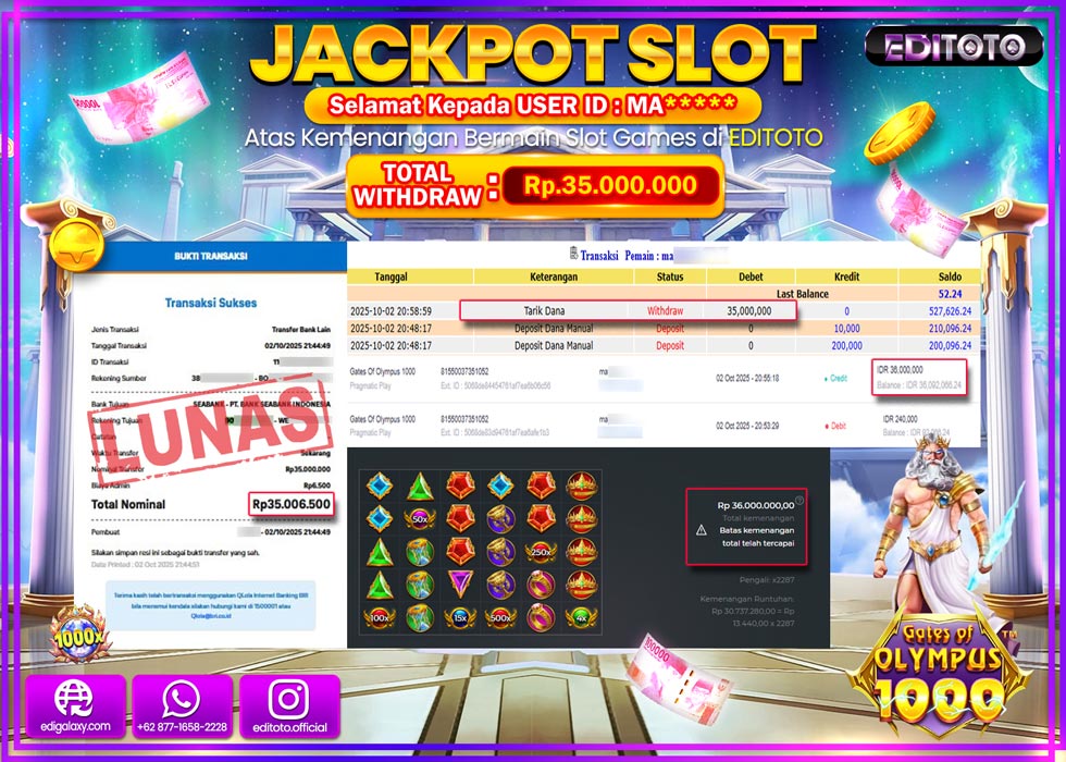 JACKPOT EDITOTO SLOT GATES OF OLYMPUS 1000 Rp.35.000.000,- LUNAS 