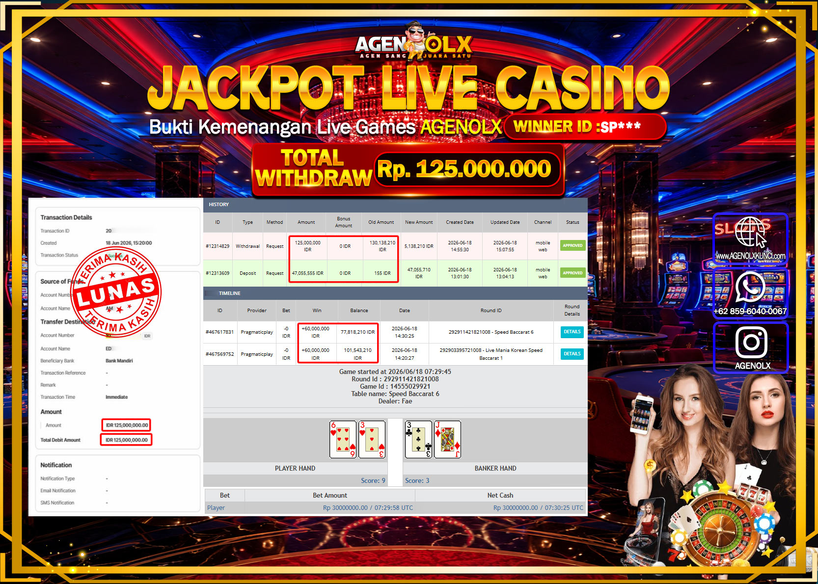 AGENOLX JACKPOT LIVE CASINO SPEED BACCARAT 6 Rp 125.000.000 - LUNAS