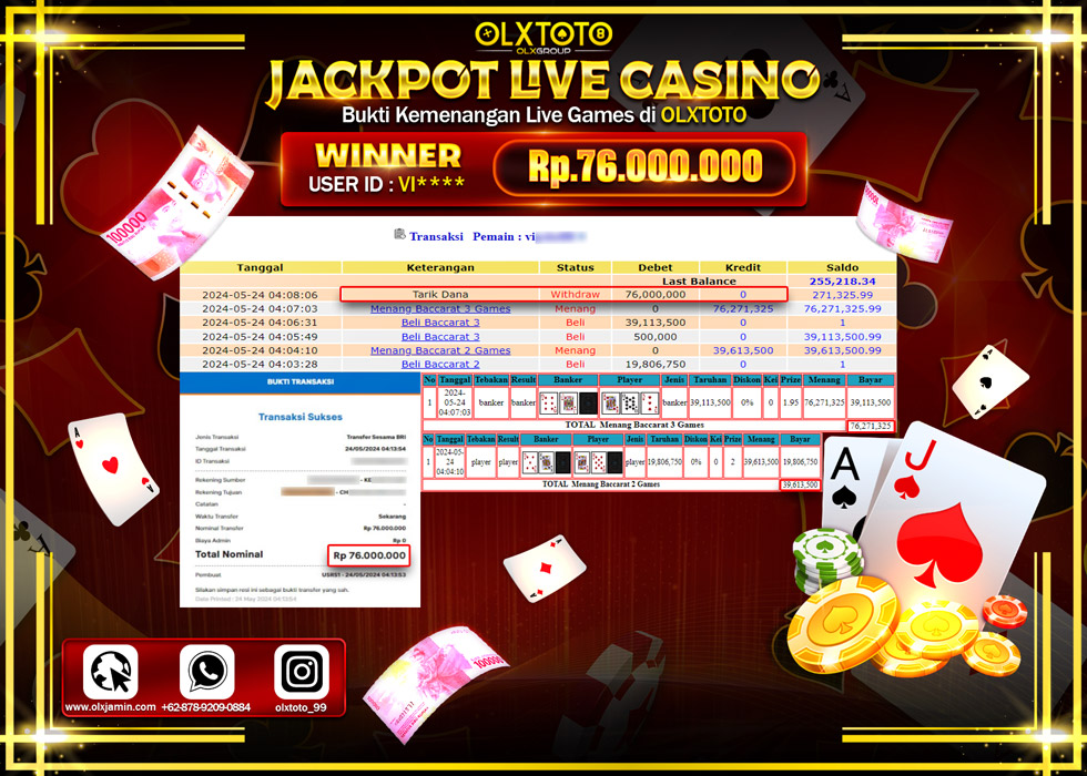 OLXTOTO JACKPOT LIVE GAMES BACCARAT 3 GAMES  Rp.76.000.000.,- LUNAS