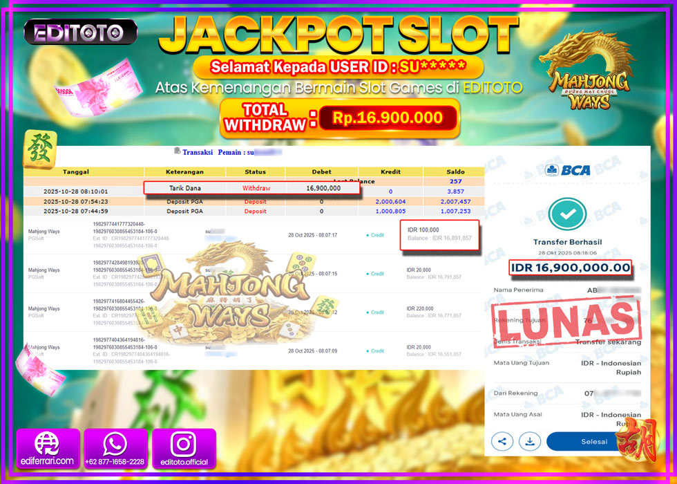 JACKPOT EDITOTO SLOT MAHJONG WAYS Rp.16.900.000,- LUNAS