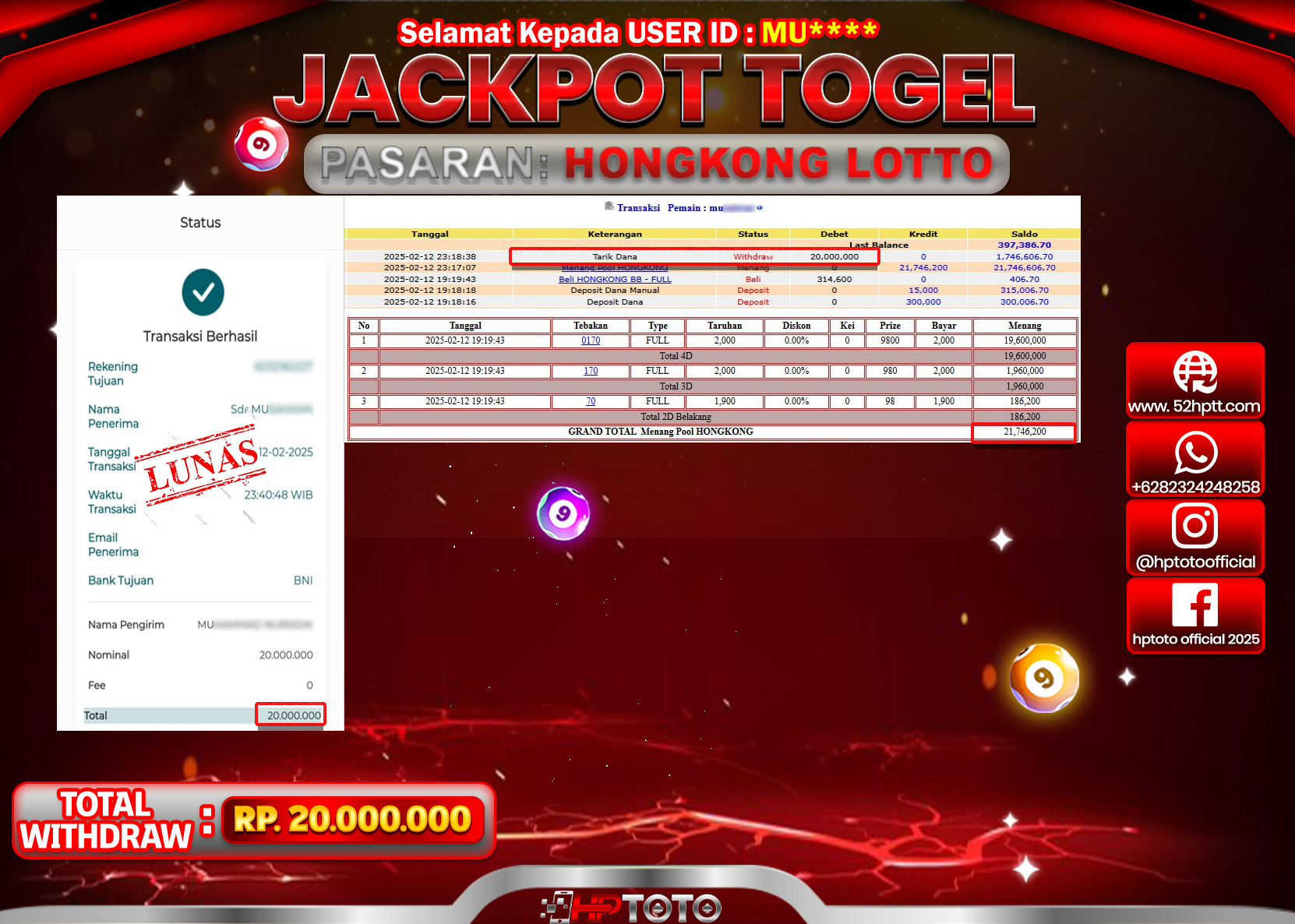 HPTOTO JACKPOT TOGEL PASARAN HONGKONG LOTTO Rp.20.000.000,- LUNAS