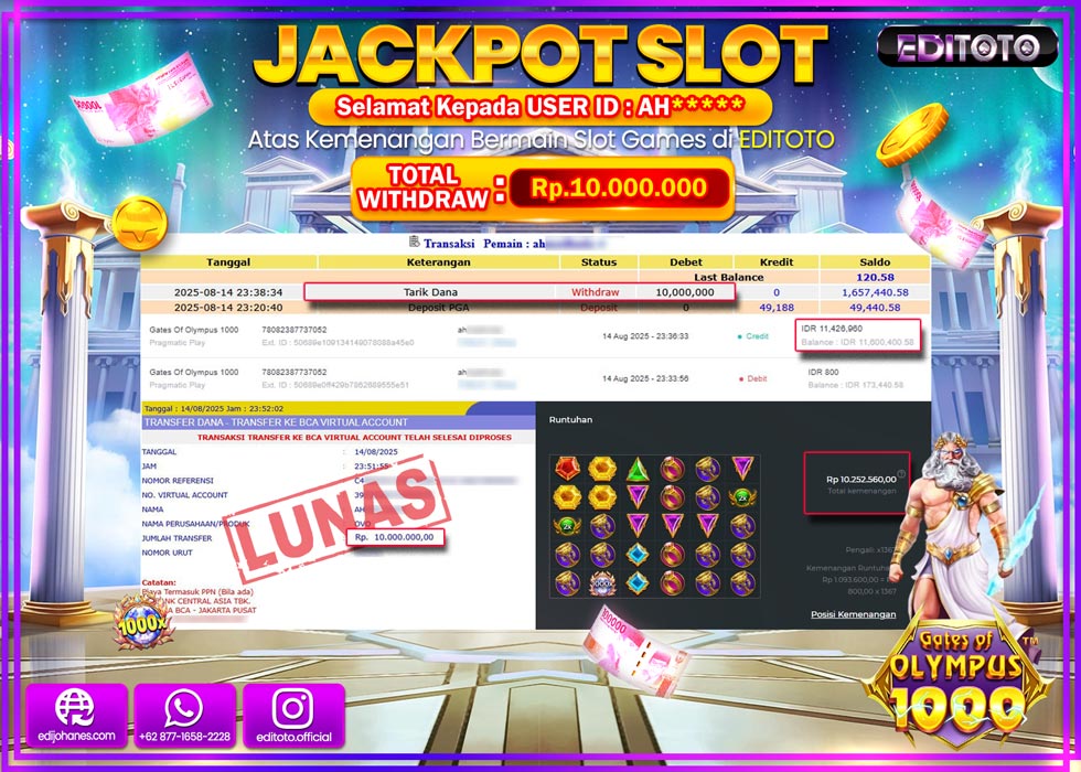 JACKPOT EDITOTO SLOT GATES OF OLYMPUS 1000 Rp.10.000.000,- LUNAS 
