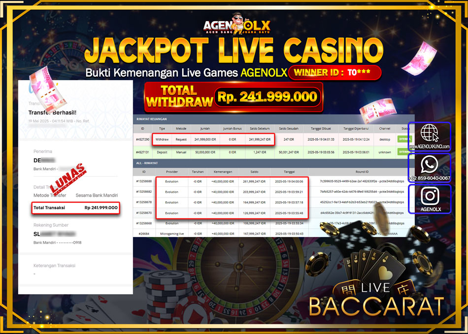 AGENOLX JACKPOT LIVE CASSINNO Rp 241.999.000,- LUNAS