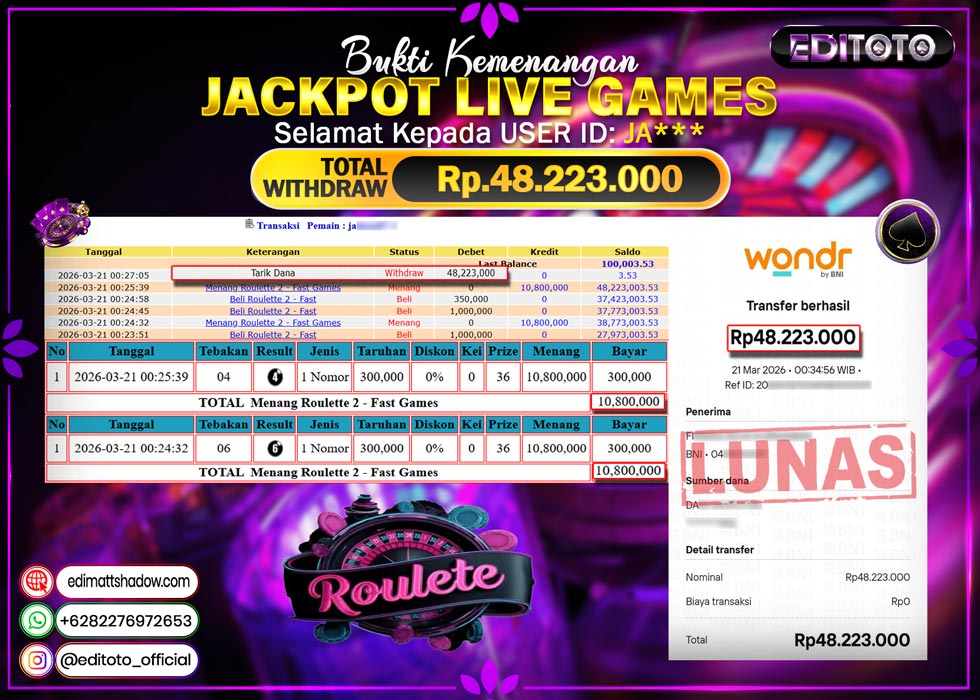 JACKPOT EDITOTO LIVE GAMES ROULETTE 2 - FAST GAMES Rp. 48.223.000.,- LUNAS